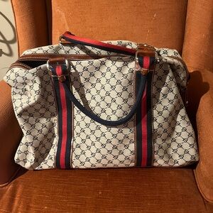 Stylish Beige and Red Patterned Overnight Bag